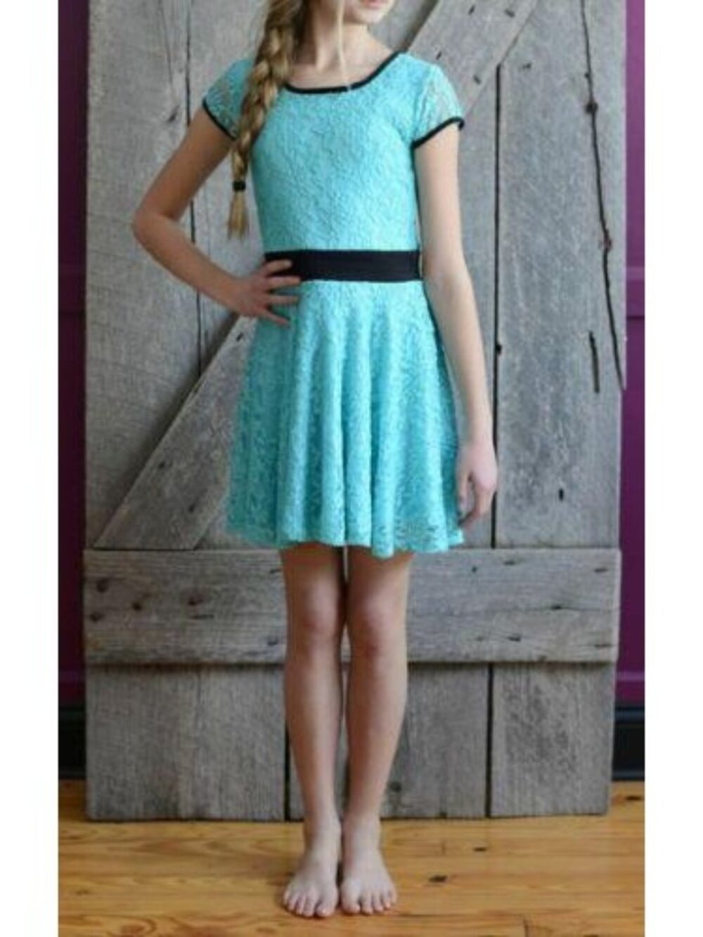 Sally Miller Couture Blue Dress L Lace Cap Sleeve  L Lined Girls Youth NWOT